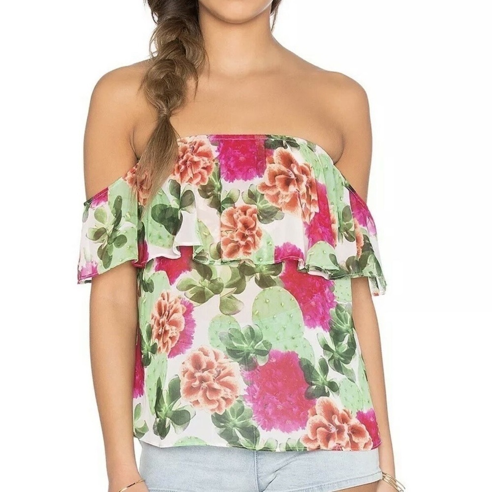 Show Me Your Mumu Tropical Floral Ruffle Strapless Off Shoulder Top Small